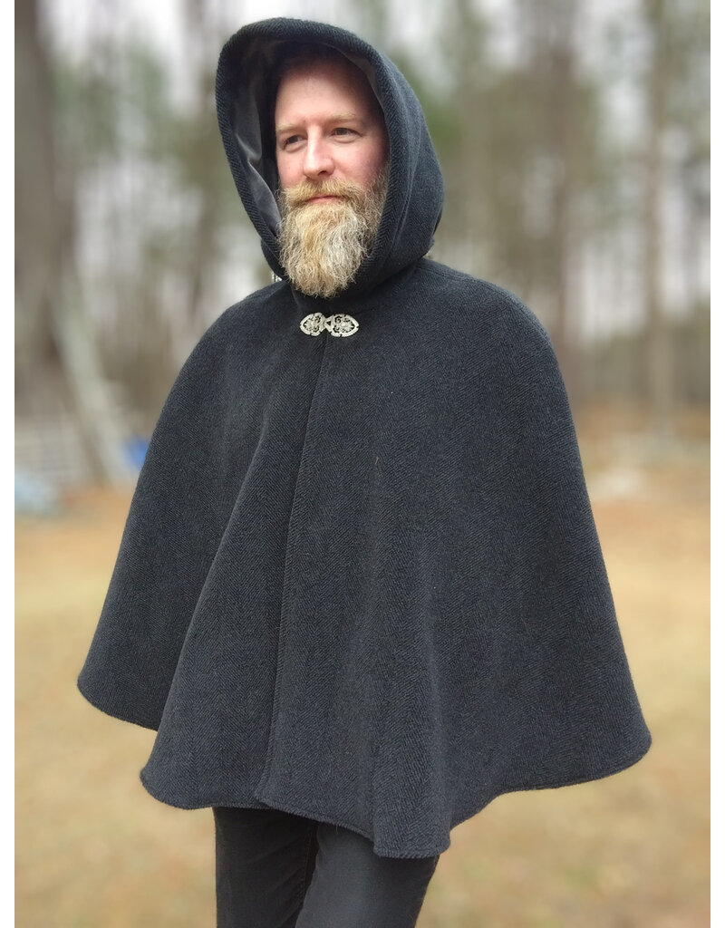 Cloakmakers.com 5626-Washable Thick Grey Herringbone Wool Cloak w/ Pockets