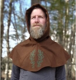 Cloakmakers.com H523-Washable Brown Hooded Cowl w/ Green Ivy Embroidery