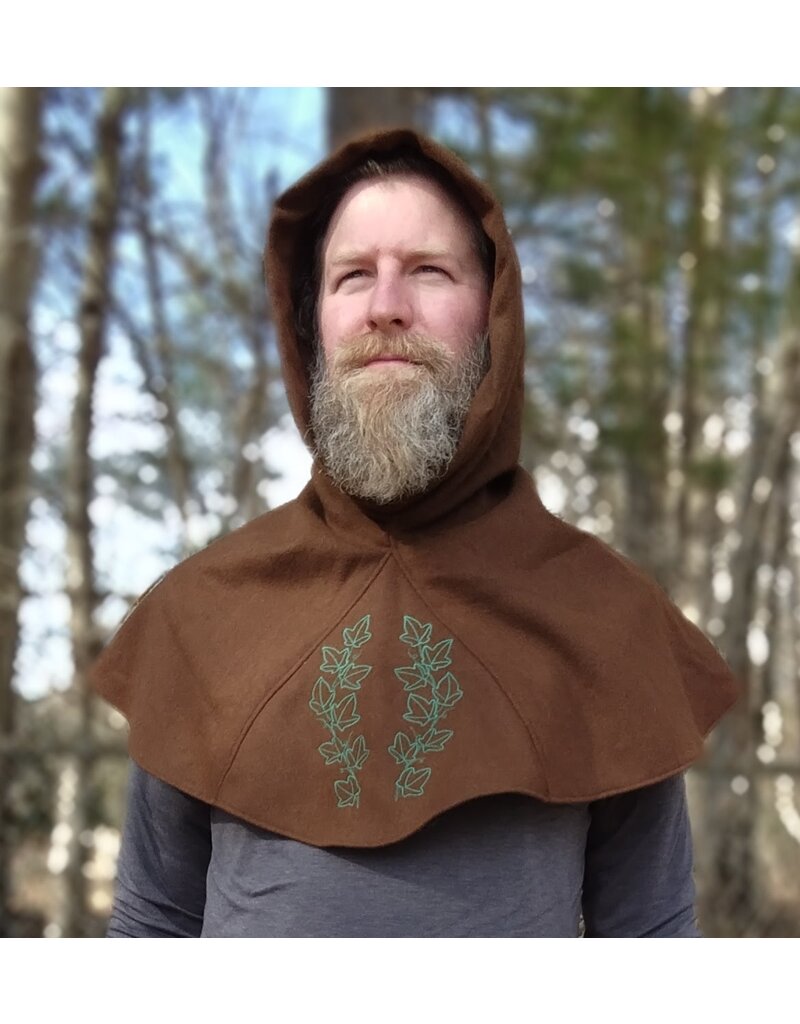 Cloakmakers.com H523-Washable Brown Hooded Cowl w/ Green Ivy Embroidery