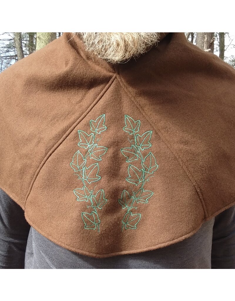 Cloakmakers.com H523-Washable Brown Hooded Cowl w/ Green Ivy Embroidery