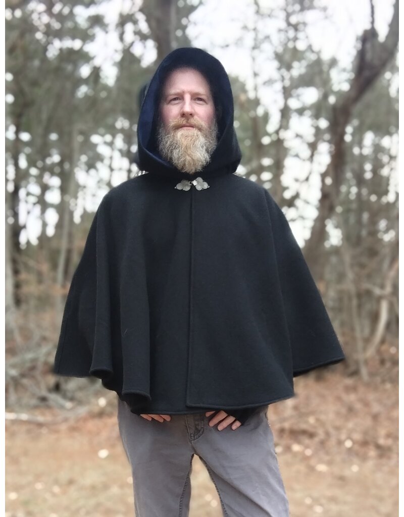 Cloakmakers.com 5635-Washable Heavy Weight Black Wool Cloak w/ Dark Blue Hood Lining & Pockets