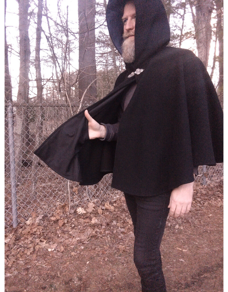 Cloakmakers.com 5635-Washable Heavy Weight Black Wool Cloak w/ Dark Blue Hood Lining & Pockets