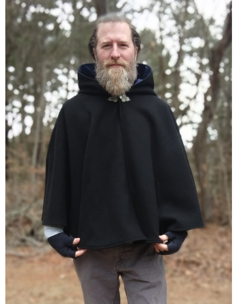 Cloakmakers.com 5635-Washable Heavy Weight Black Wool Cloak w/ Dark Blue Hood Lining & Pockets