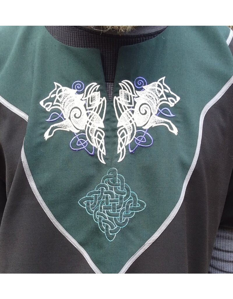 Cloakmakers.com J878-Washable Black & Green Wool Blend Tunic w/ Wolf Embroidery