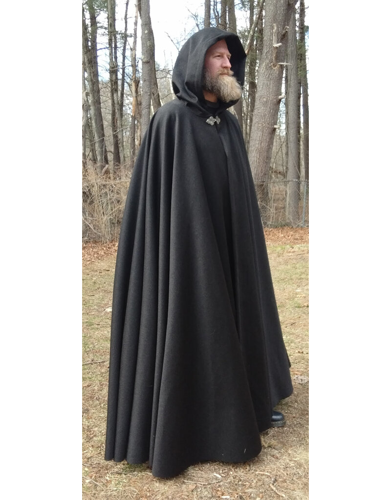 Cloakmakers.com 5641-Charcoal Grey Wool Blend Cloak w/ Black Velvet Hood Lining & Triple Medallion Clasp