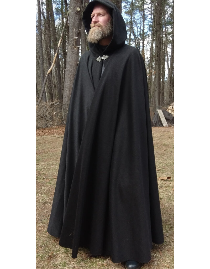 Cloakmakers.com 5641-Charcoal Grey Wool Blend Cloak w/ Black Velvet Hood Lining & Triple Medallion Clasp