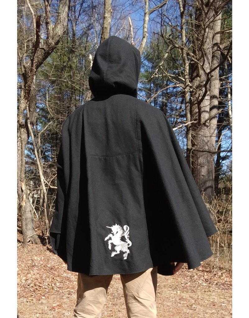 Cloakmakers.com 5647-Washable Black Cotton Cloak w/ Unicorn Embroidery & Black Hood Lining & Pockets
