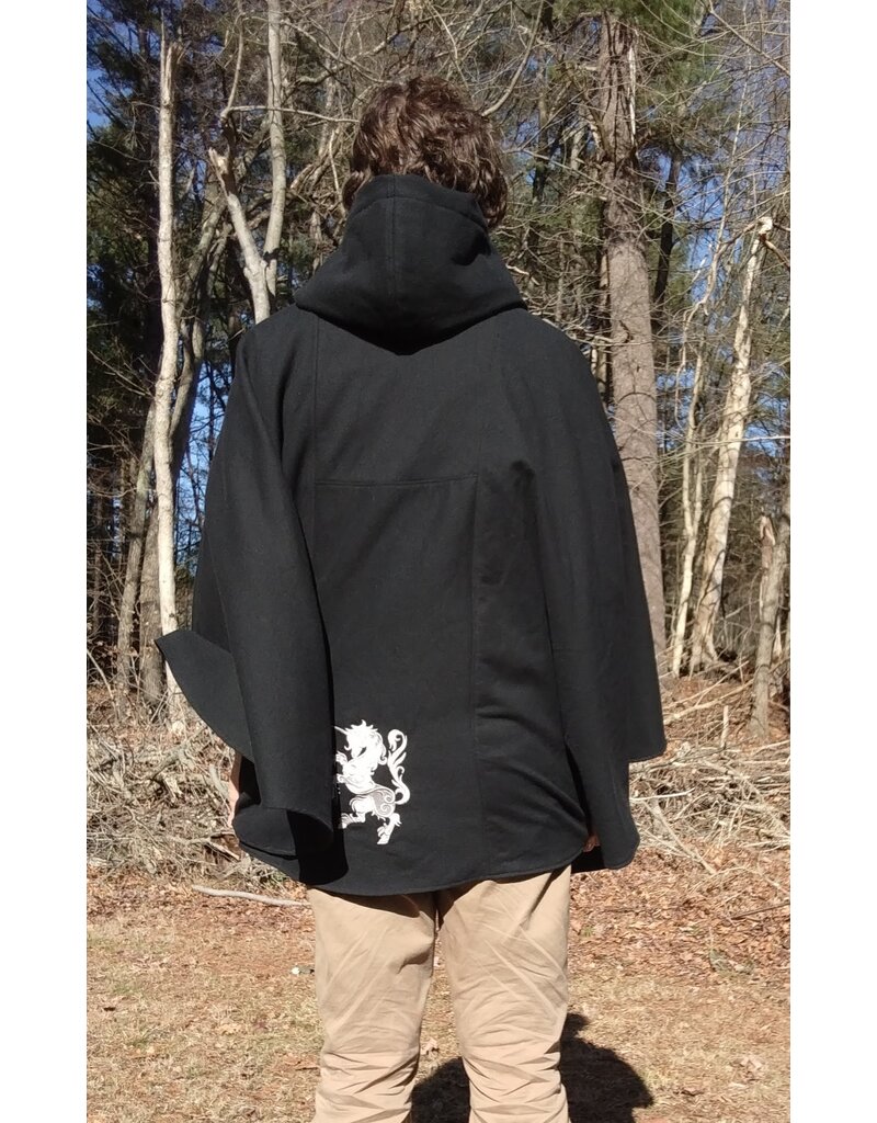 Cloakmakers.com 5647-Washable Black Cotton Cloak w/ Unicorn Embroidery & Black Hood Lining & Pockets