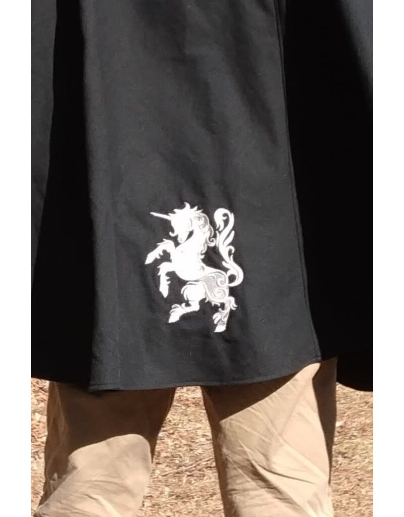 Cloakmakers.com 5647-Washable Black Cotton Cloak w/ Unicorn Embroidery & Black Hood Lining & Pockets