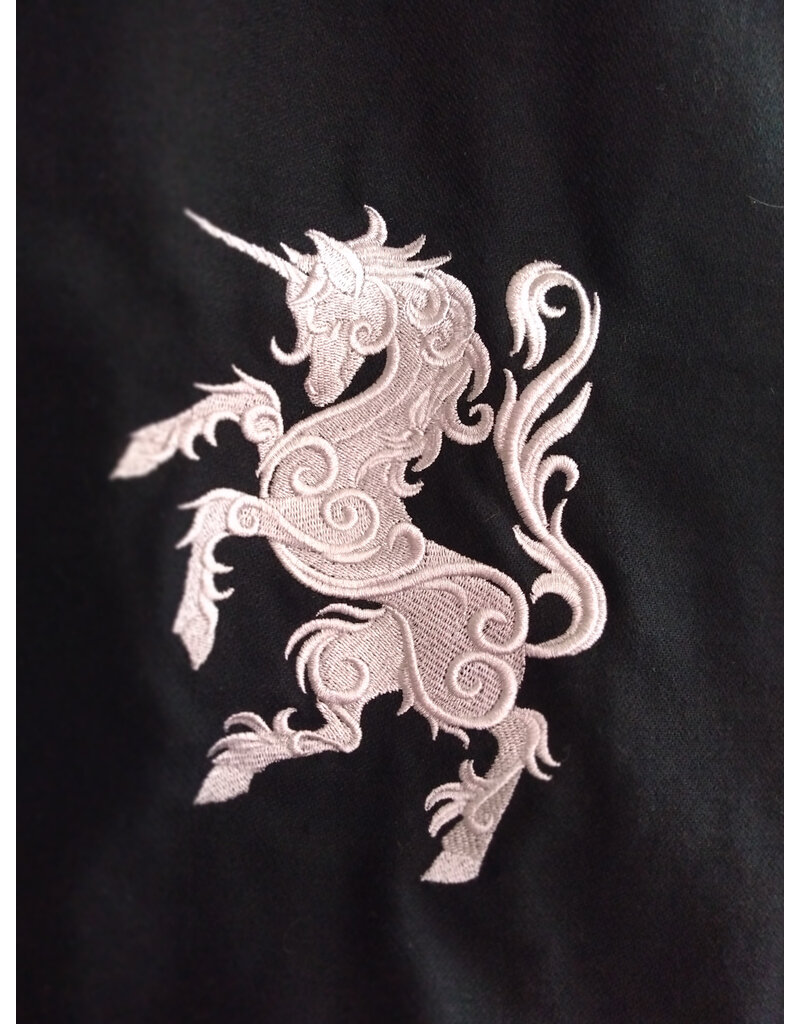 Cloakmakers.com 5647-Washable Black Cotton Cloak w/ Unicorn Embroidery & Black Hood Lining & Pockets