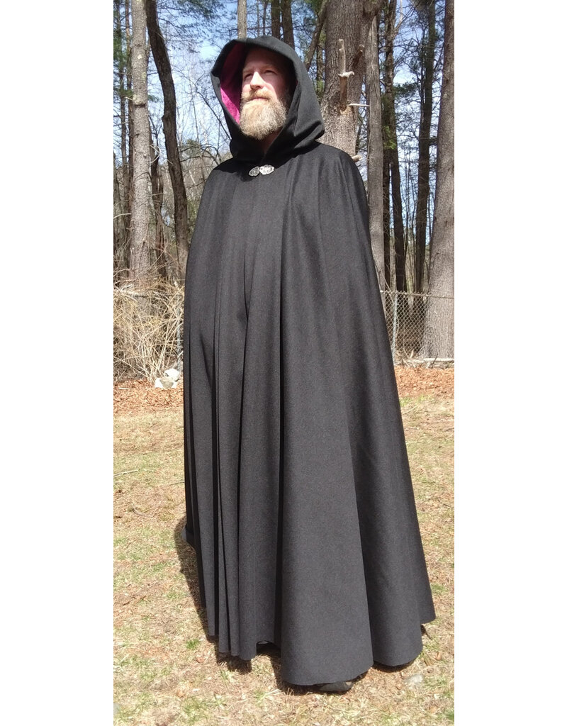 Cloakmakers.com 5651-Charcoal Black Wool Blend Cloak w/ Burgundy Velvet Hood Lining & Gothic Rose Clasp