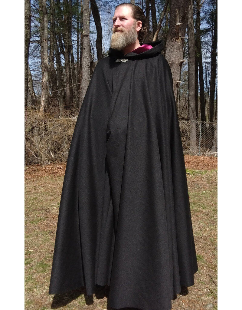 Cloakmakers.com 5651-Charcoal Black Wool Blend Cloak w/ Burgundy Velvet Hood Lining & Gothic Rose Clasp