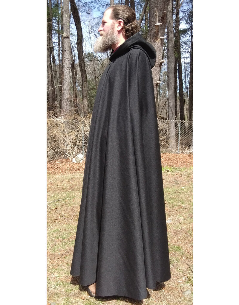 Cloakmakers.com 5651-Charcoal Black Wool Blend Cloak w/ Burgundy Velvet Hood Lining & Gothic Rose Clasp