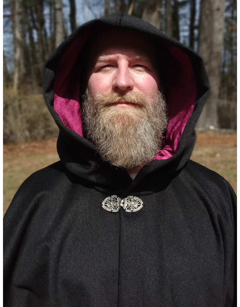 Cloakmakers.com 5651-Charcoal Black Wool Blend Cloak w/ Burgundy Velvet Hood Lining & Gothic Rose Clasp