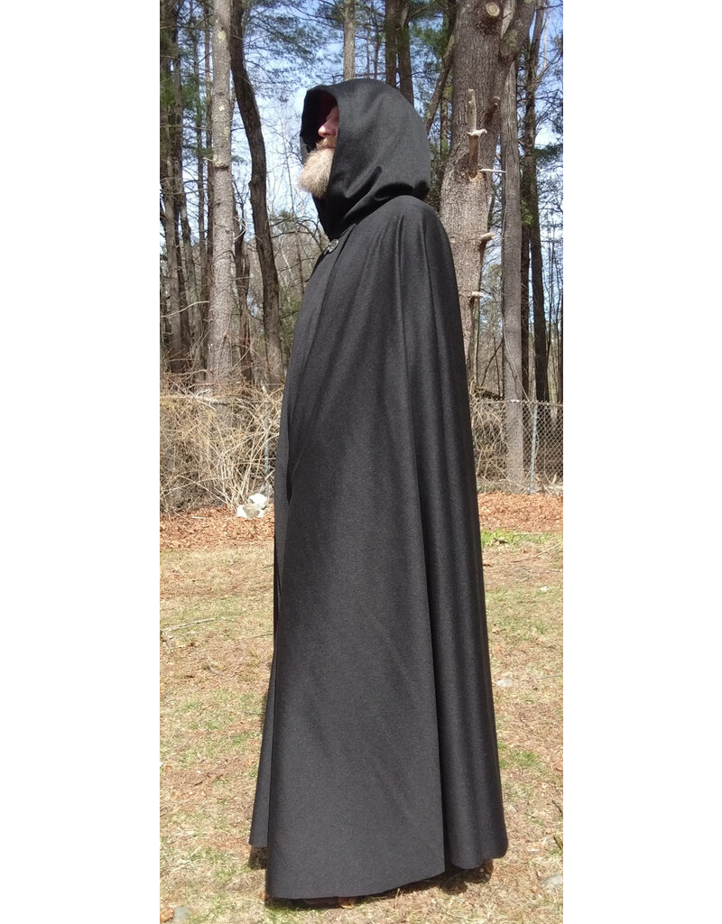 Cloakmakers.com 5651-Charcoal Black Wool Blend Cloak w/ Burgundy Velvet Hood Lining & Gothic Rose Clasp