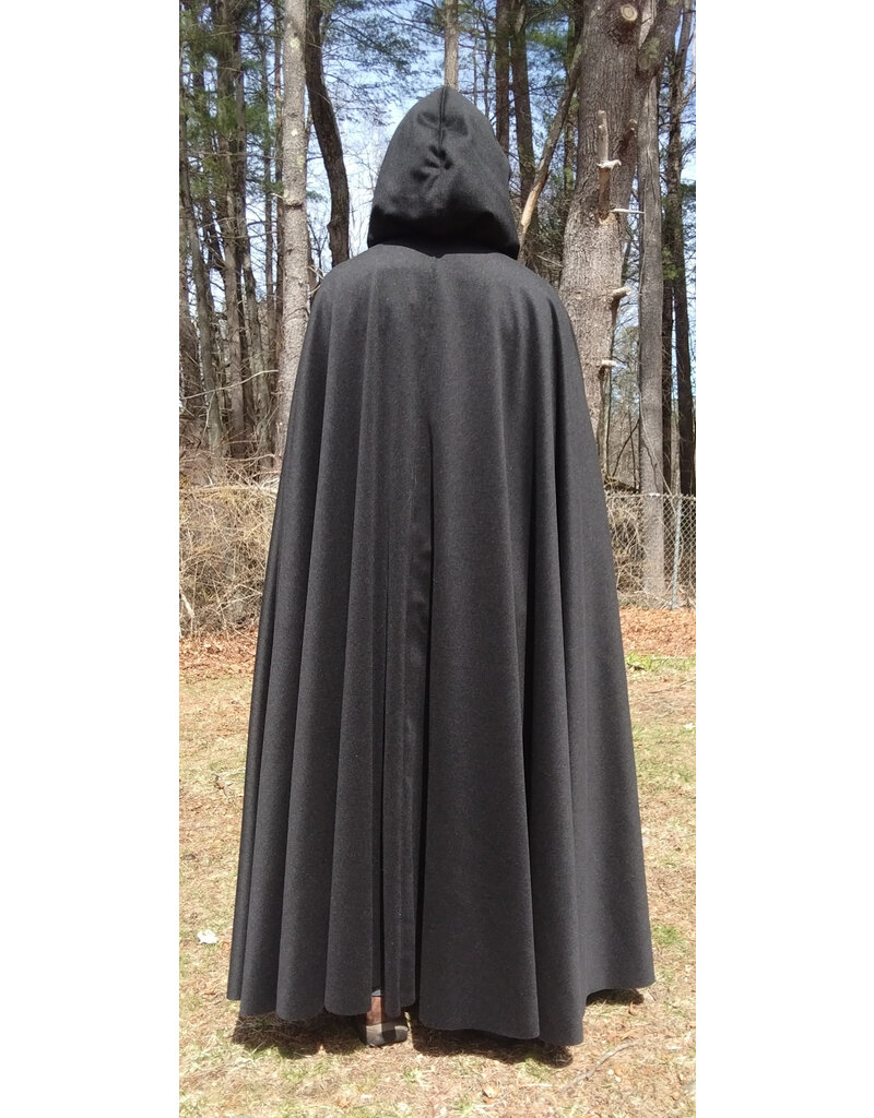 Cloakmakers.com 5651-Charcoal Black Wool Blend Cloak w/ Burgundy Velvet Hood Lining & Gothic Rose Clasp