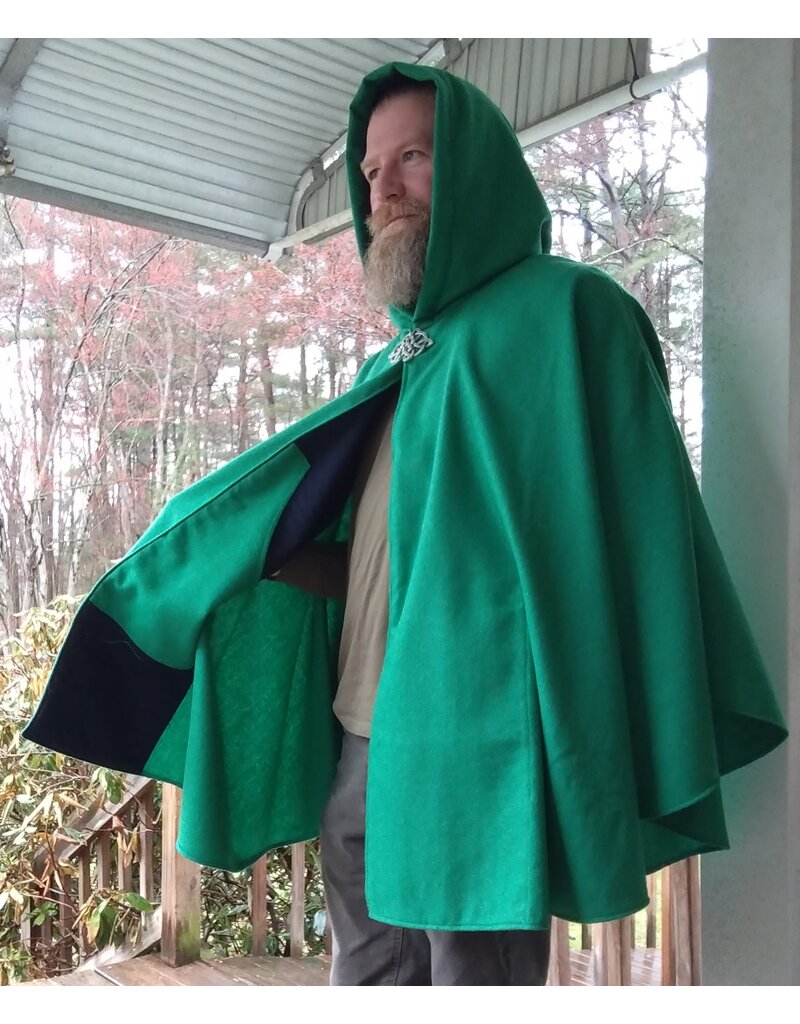 Cloakmakers.com 5657-Washable Kelly Green Wool Blend Cloak w/ Sword & Book Embroidery, Pockets & Black Hood Lining