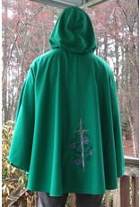 Cloakmakers.com 5657-Washable Kelly Green Wool Blend Cloak w/ Sword & Book Embroidery, Pockets & Black Hood Lining