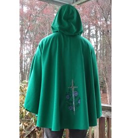 Cloakmakers.com 5657-Washable Kelly Green Wool Blend Cloak w/ Sword & Book Embroidery, Pockets & Black Hood Lining