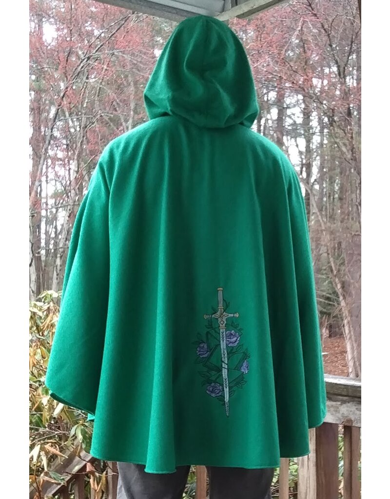 Cloakmakers.com 5657-Washable Kelly Green Wool Blend Cloak w/ Sword & Book Embroidery, Pockets & Black Hood Lining