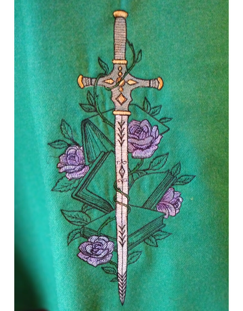 Cloakmakers.com 5657-Washable Kelly Green Wool Blend Cloak w/ Sword & Book Embroidery, Pockets & Black Hood Lining