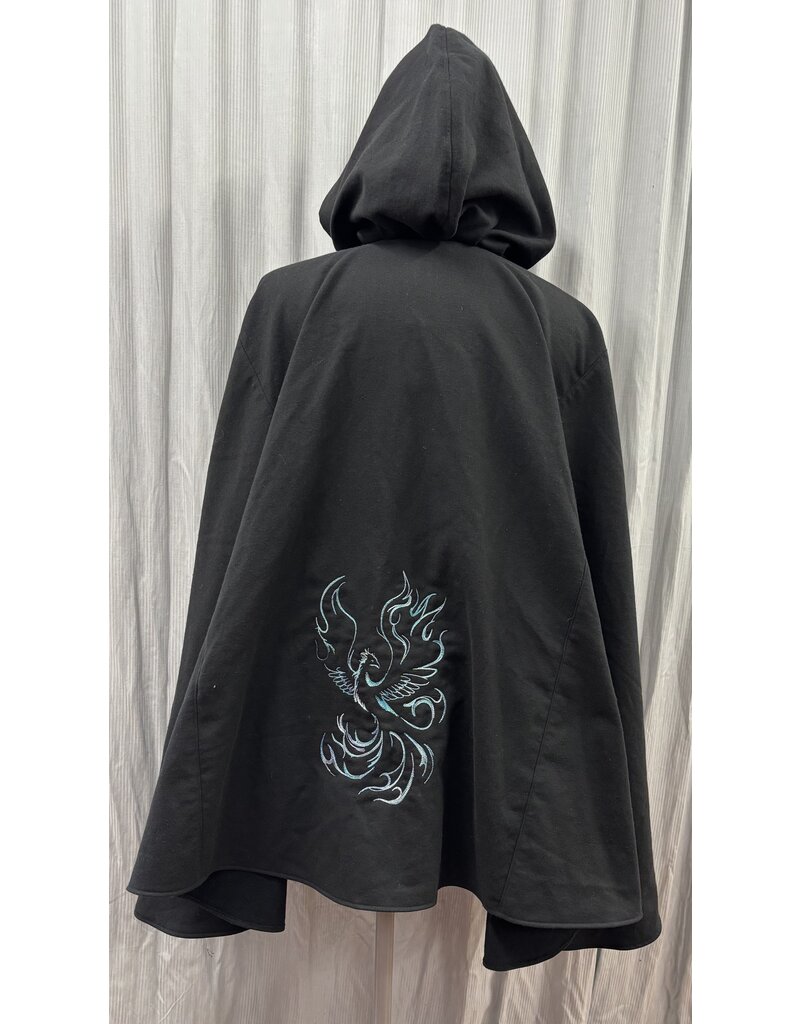 5659 - Washable Black Cotton Cloak W/ Phoenix Embroidery and Blue Hood lining & Pockets