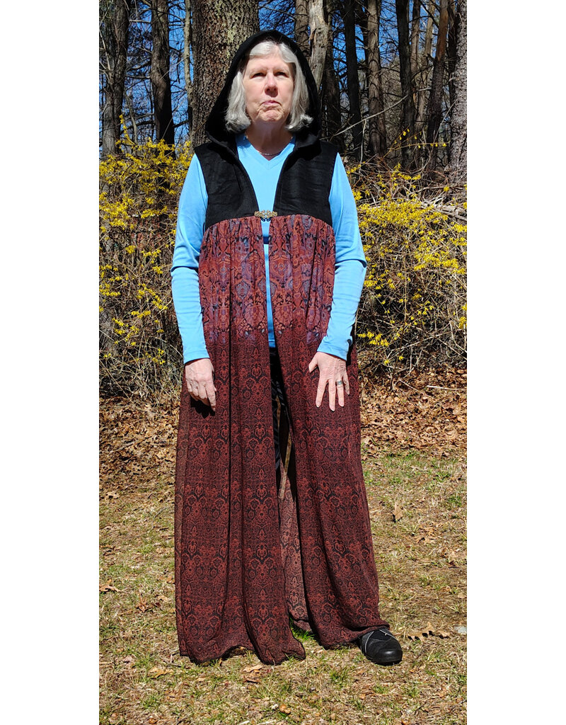 Cloakmakers.com J880-Hooded Vest w/ Black Wool Blend Upper w/ Owl Embroidery & Sheer Lower Section