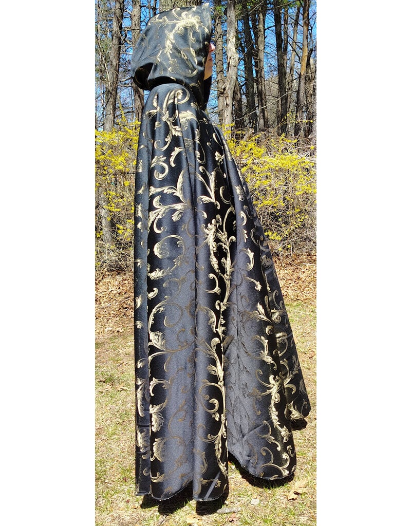 Cloakmakers.com 5665-Washable Black & Gold Brocade Cloak w/ Black Hood Lining