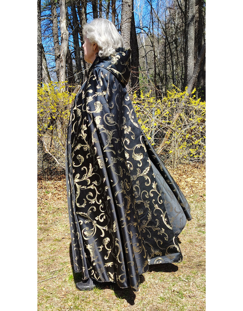 Cloakmakers.com 5665-Washable Black & Gold Brocade Cloak w/ Black Hood Lining