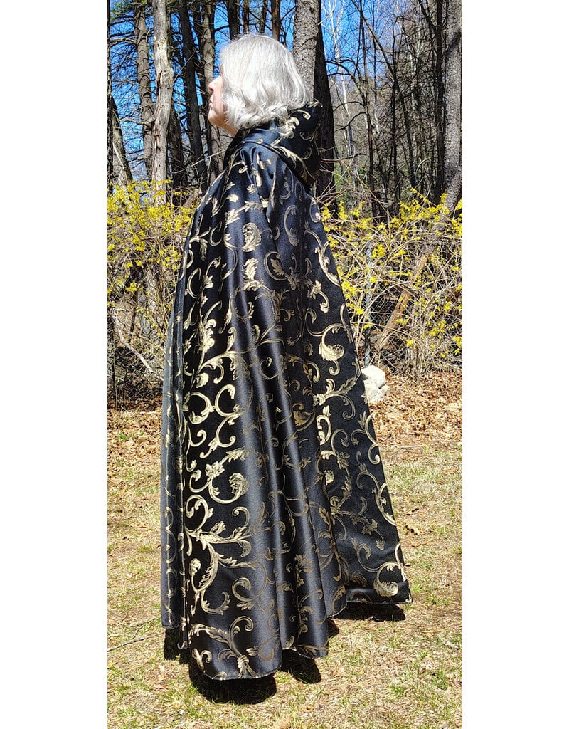 Cloakmakers.com 5665-Washable Black & Gold Brocade Cloak w/ Black Hood Lining