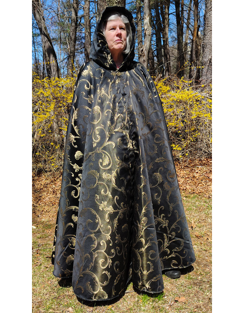 Cloakmakers.com 5665-Washable Black & Gold Brocade Cloak w/ Black Hood Lining