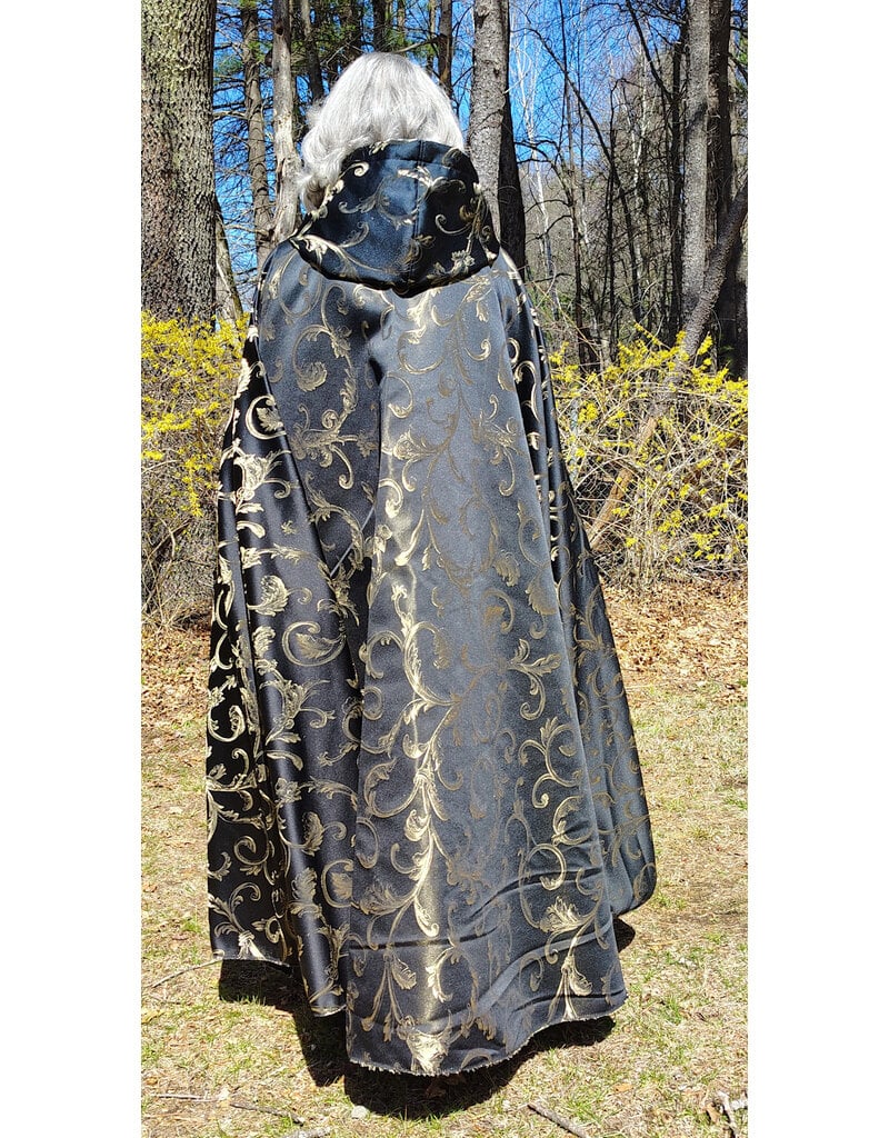Cloakmakers.com 5665-Washable Black & Gold Brocade Cloak w/ Black Hood Lining