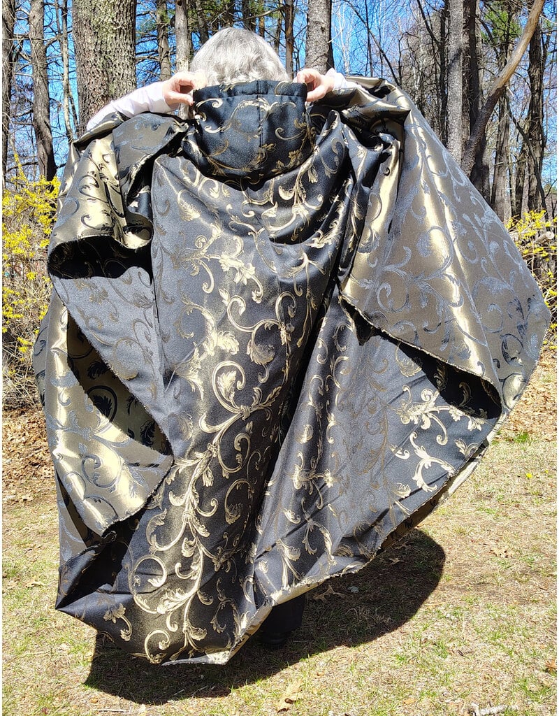 Cloakmakers.com 5665-Washable Black & Gold Brocade Cloak w/ Black Hood Lining