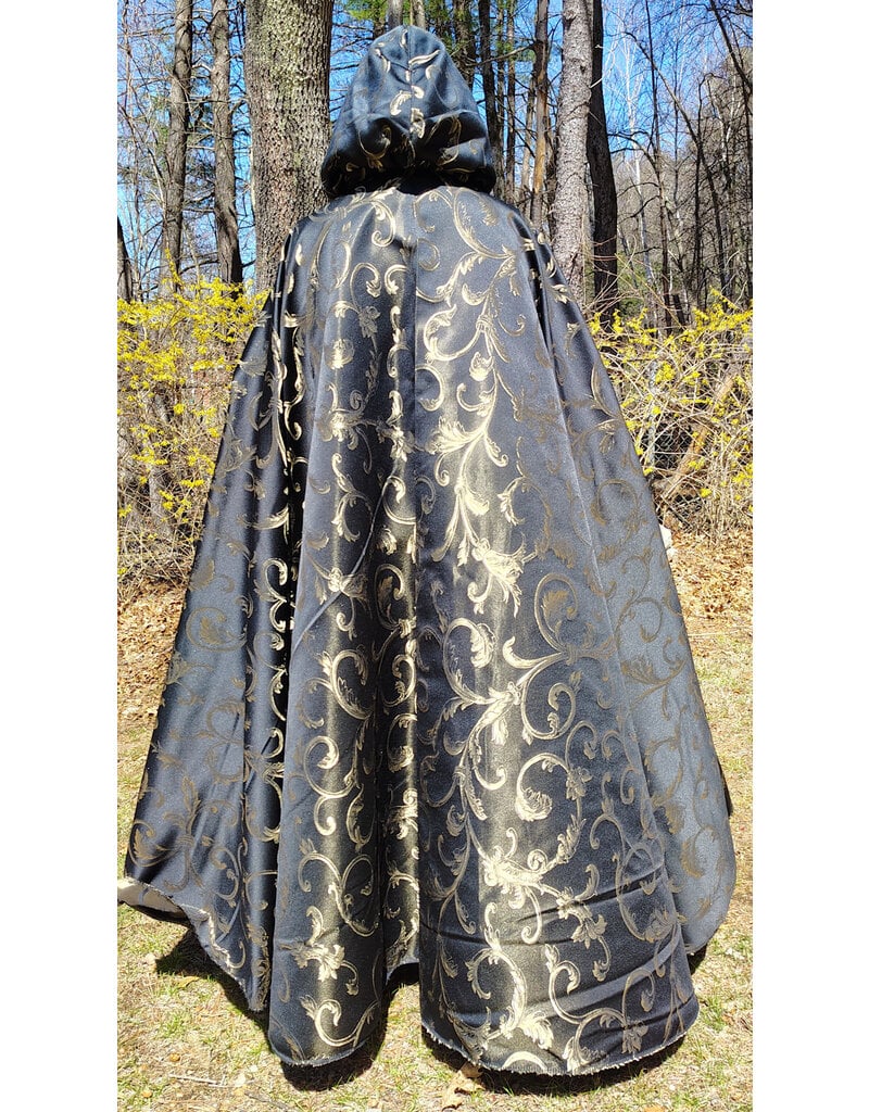 Cloakmakers.com 5665-Washable Black & Gold Brocade Cloak w/ Black Hood Lining