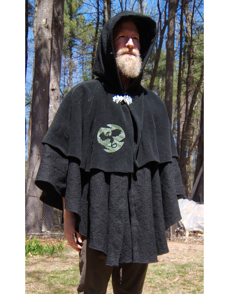 Cloakmakers.com 5673-Washable Black Wool Cloak w/Green Dragon Embroidery & Mantle