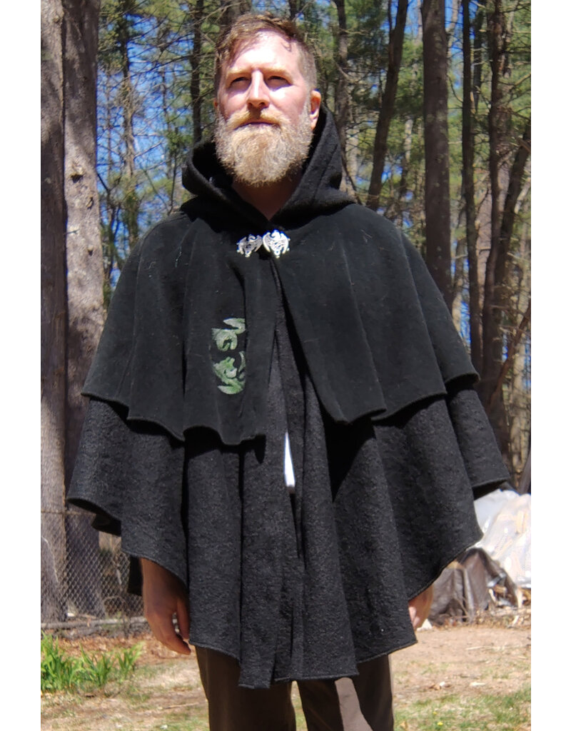 Cloakmakers.com 5673-Washable Black Wool Cloak w/ Black Dragon Embroidery & Integrated Mantle