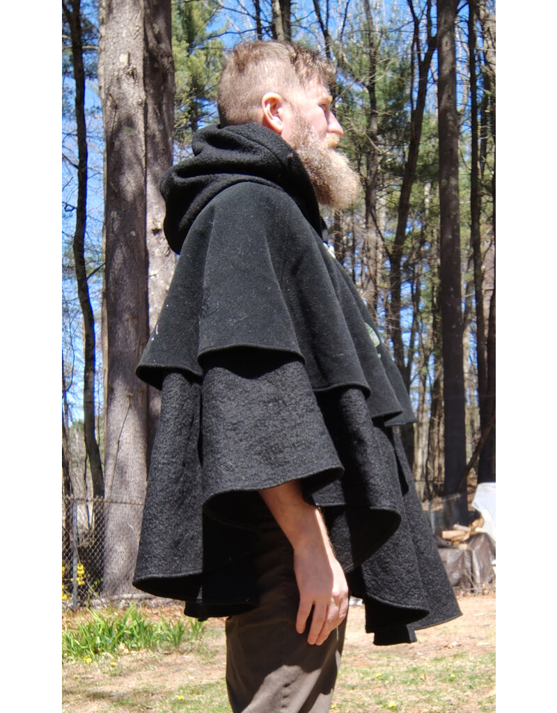 Cloakmakers.com 5673-Washable Black Wool Cloak w/ Black Dragon Embroidery & Integrated Mantle