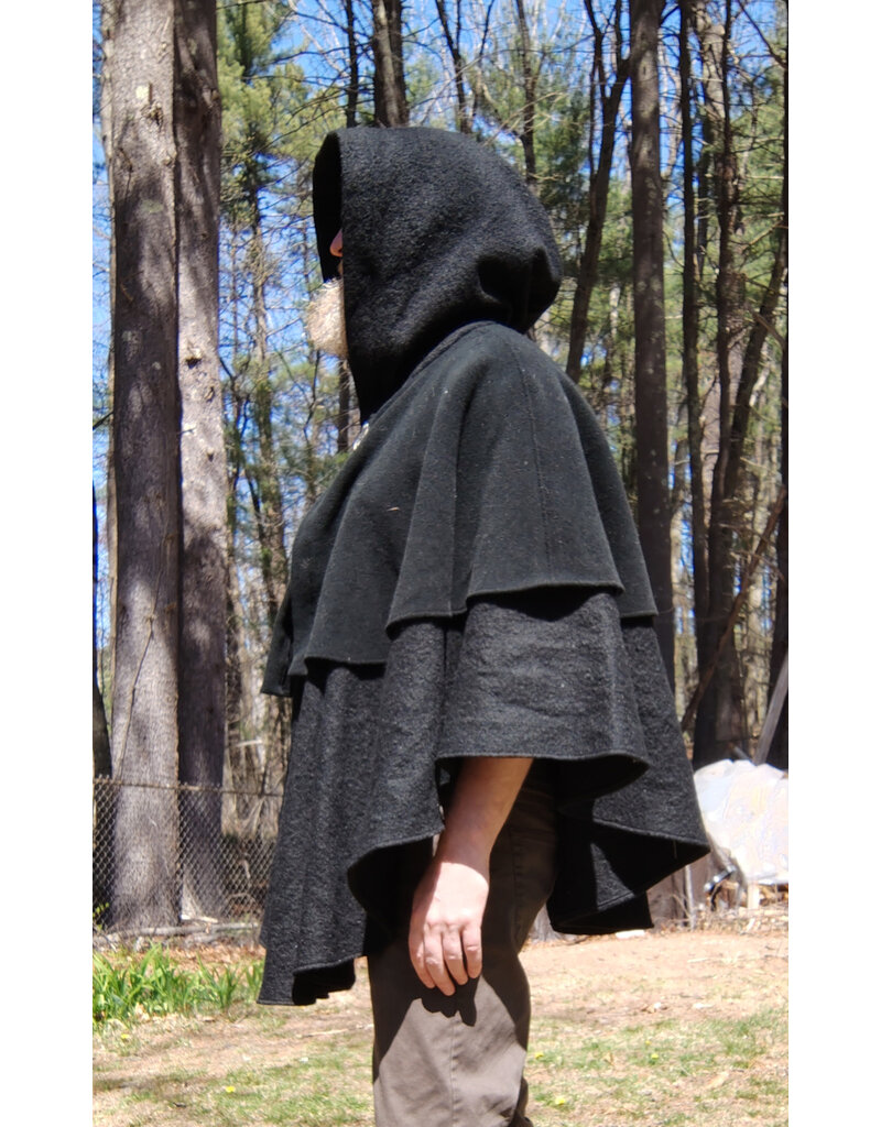 Cloakmakers.com 5673-Washable Black Wool Cloak w/ Black Dragon Embroidery & Integrated Mantle
