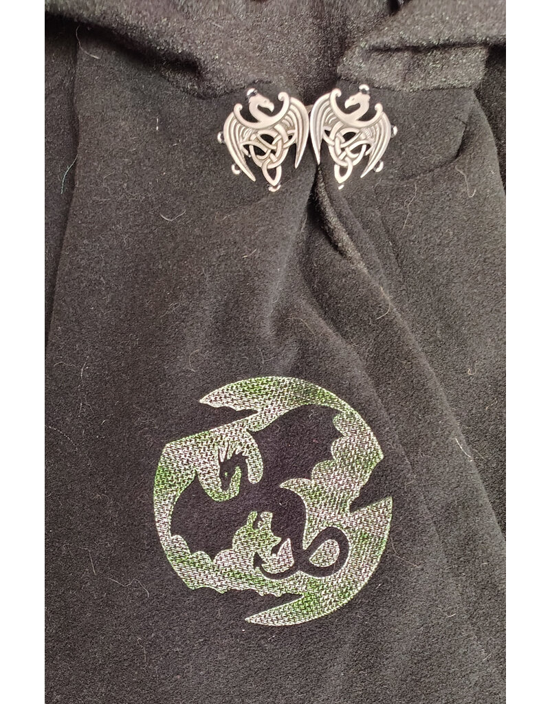 Cloakmakers.com 5673-Washable Black Wool Cloak w/Green Dragon Embroidery & Mantle