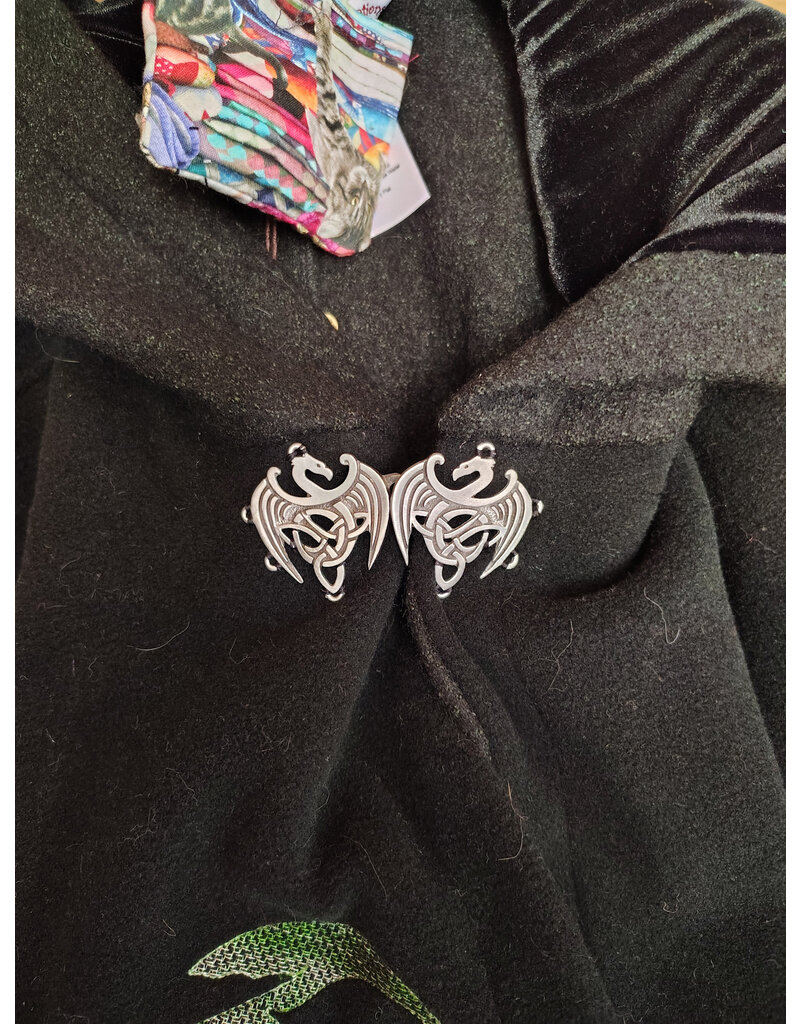 Cloakmakers.com 5673-Washable Black Wool Cloak w/Green Dragon Embroidery & Mantle