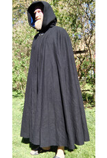 Cloakmakers.com 5679-Washable Black Wool Cloak w/ Blue Hood Lining & Triple Medallion Clasp