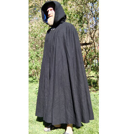 Cloakmakers.com 5679-Washable Black Wool Cloak w/ Blue Hood Lining & Triple Medallion Clasp