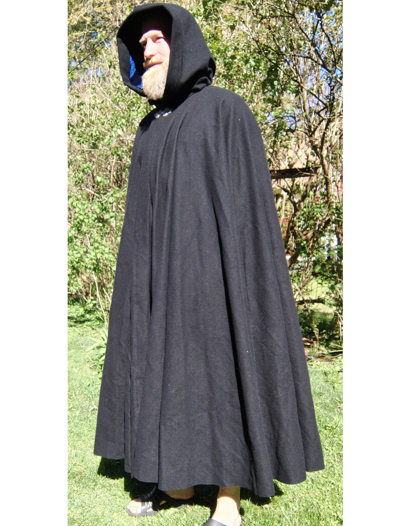 Cloakmakers.com 5679-Washable Black Wool Cloak w/ Blue Hood Lining & Triple Medallion Clasp