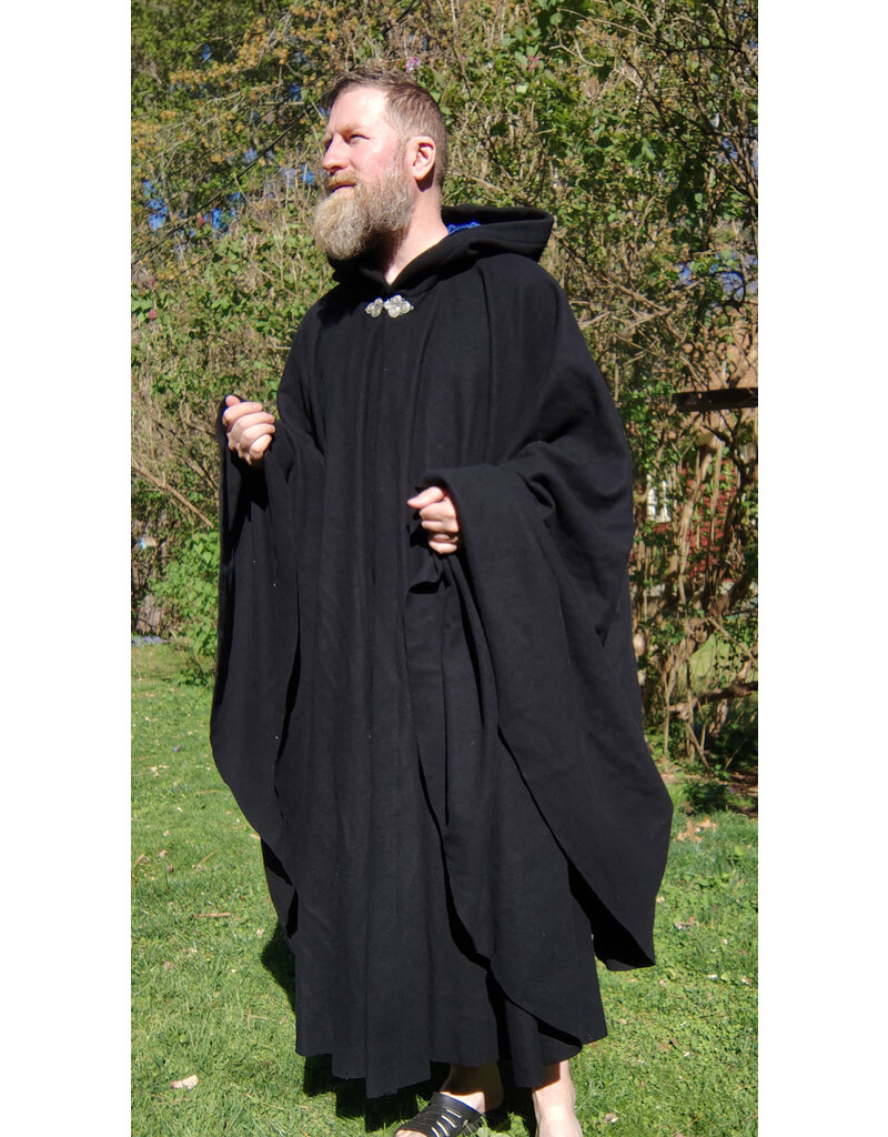 Cloakmakers.com 5679-Washable Black Wool Cloak w/ Blue Hood Lining & Triple Medallion Clasp