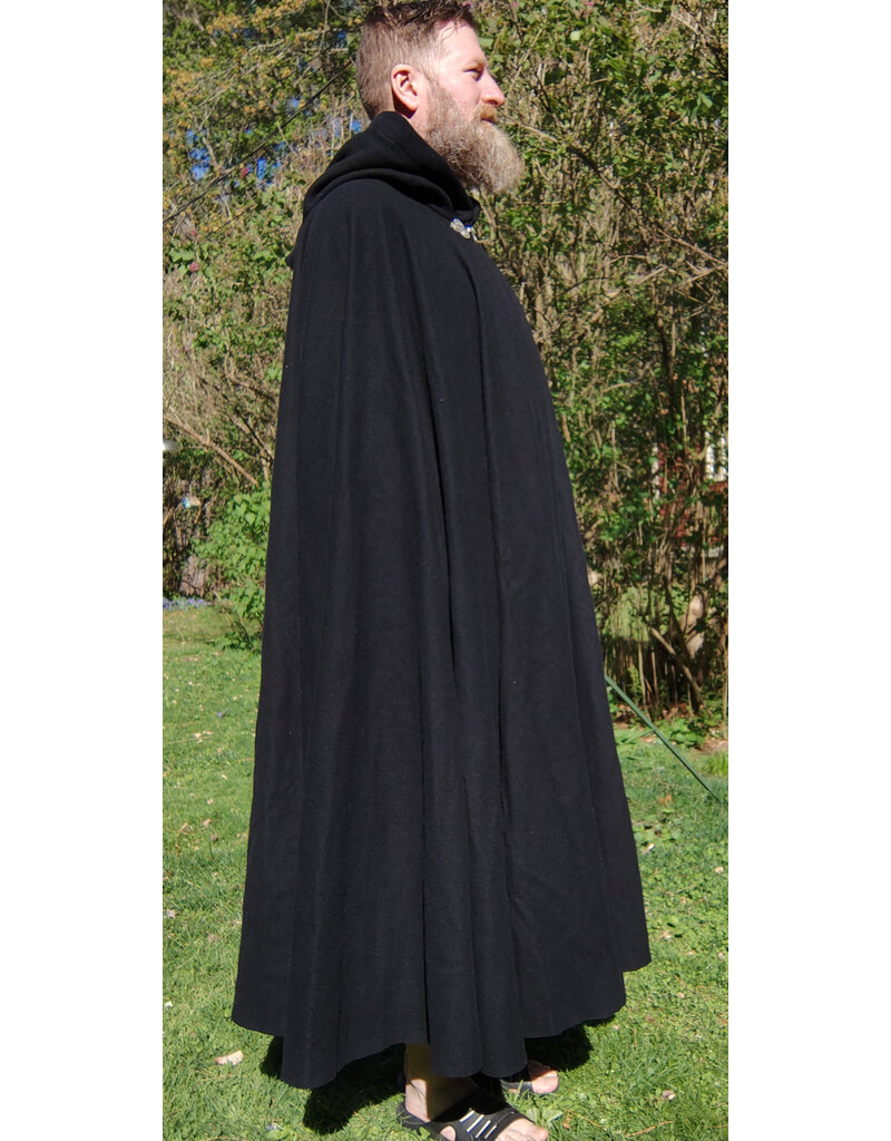 Cloakmakers.com 5679-Washable Black Wool Cloak w/ Blue Hood Lining & Triple Medallion Clasp