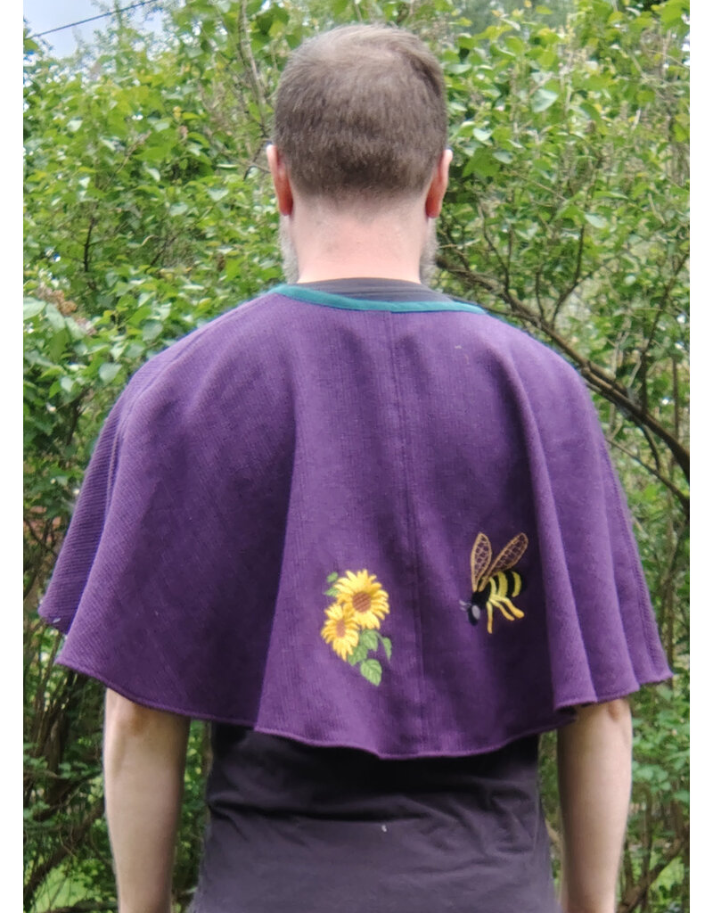 Cloakmakers.com 5683-Washable Purple Wool Blend Short Cloak w/ Bee & Sunflower Embroidery