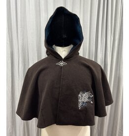 Cloakmakers.com 5441 - Washable Brown Wool Cloak W/ Teal Hood Lining, Wolf Embroidery, Pockets