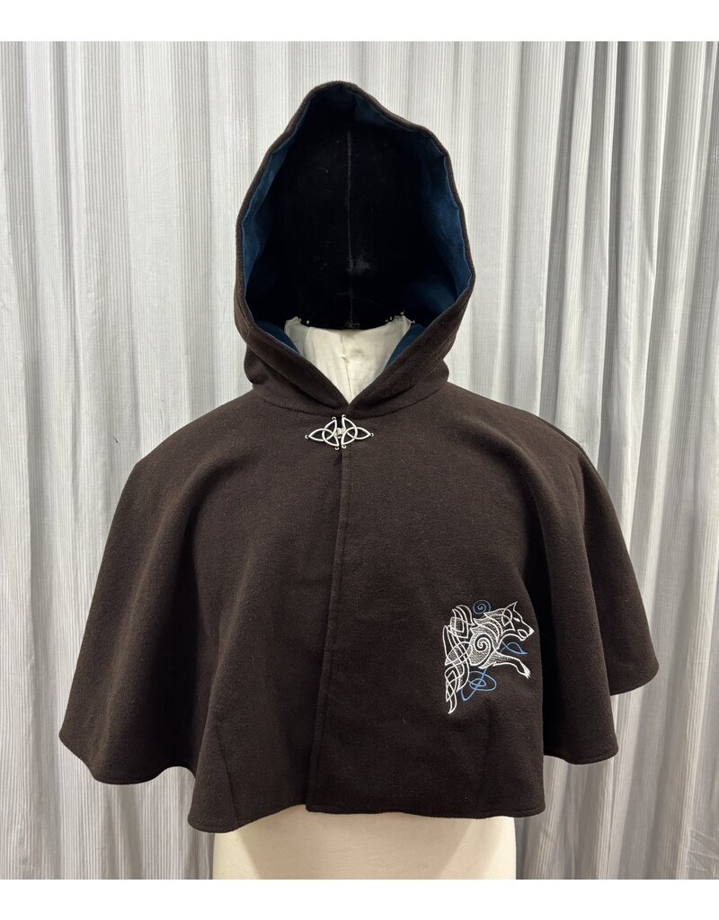 Cloakmakers.com 5441 - Washable Brown Wool Cloak W/ Teal Hood Lining, Wolf Embroidery, Pockets