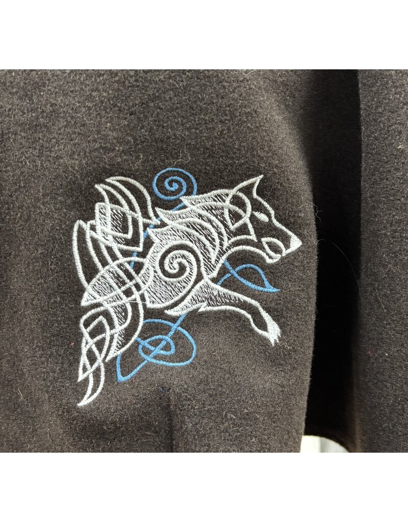 Cloakmakers.com 5441 - Washable Brown Wool Cloak W/ Teal Hood Lining, Wolf Embroidery, Pockets