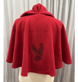 Cloakmakers.com 5442 - Washable Red Wool Ruana W/ Black Velvet Hood Lining, Black Raven Embroidery, Pockets
